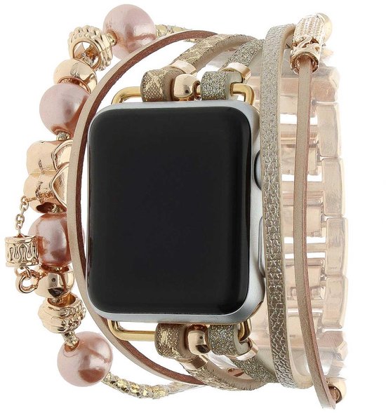 Armband voor Apple Watch met roze parels, gouden kralen, glitter en slangenprint band.