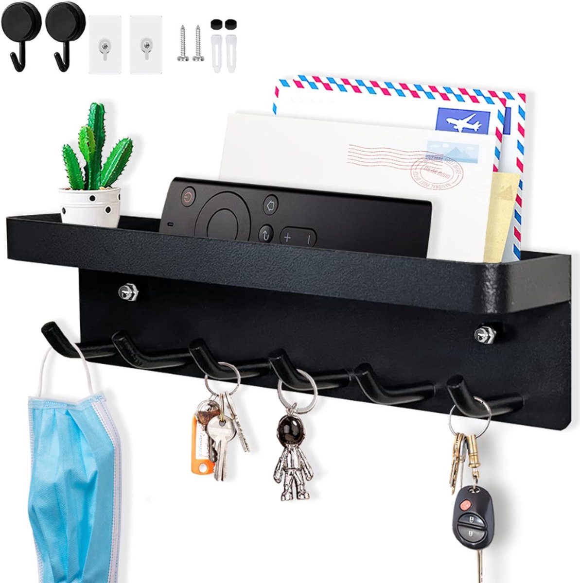 DYVNS® Sleutelbakje met Plank - Sleutelrekje Hangend - Sleutelhouder Wandmontage - Sleutel Bakje - Key Organizer - 6 Sleutelhaken - Zwart