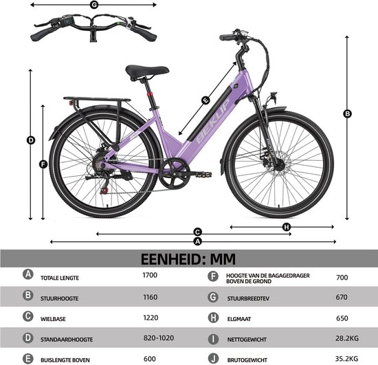 Bekup V1 Elektrische Fiets - 26" Banden - 250W Motor - 36V14.5AH Accu -Actieradius Tot 75 Km - Shimano 7 Versnellingen - Mechanische Schijfremmen - Paars — afbeelding 3