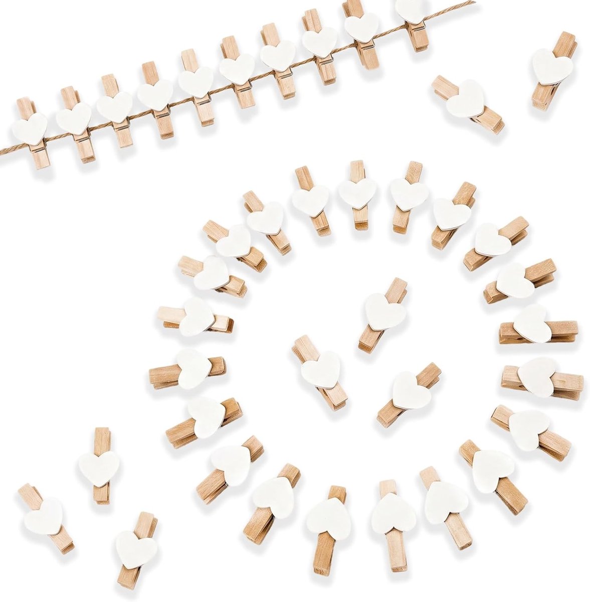 200 pieces wooden pegs small clothes pegs wood white heart shaped for postcards, photo walls, notebooks, table - ShopVlot