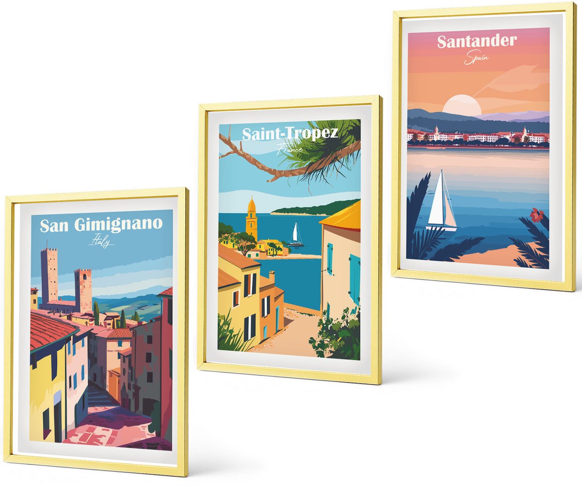 Coloray 3-Delige Schilderij Set - Vintage Posters Met Fruitpatronen - 40 x 40 cm En 40 x 60 cm - Decoratieve Schilderijen - Woonkamer - Interieur - Woonkamer Decoratie