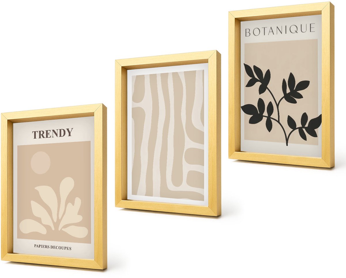 Coloray 4-Delige Schilderij Set - Stijlvolle plantenpatronen in beige en zwarte tinten. - 20 x 30 cm - Moderne Wanddecoratie - Slaapkamer - Woonkamer Decoratie