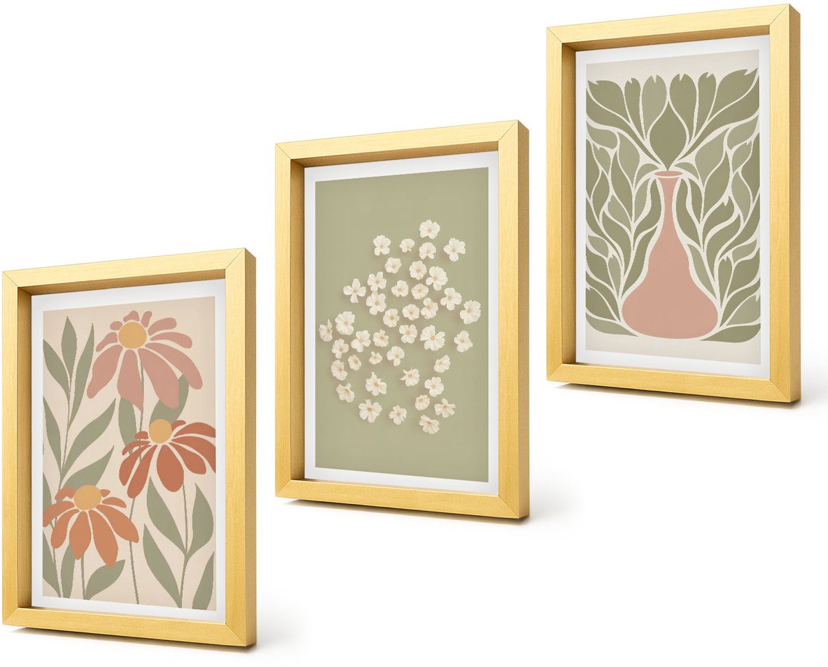 Coloray 4-Delige Schilderij Set - Bloemmotieven, minimalistische patronen, boho-stijl - 20 x 30 cm - Wanddecoratie - Muurdecoratie - Moderne Interieurdecoratie