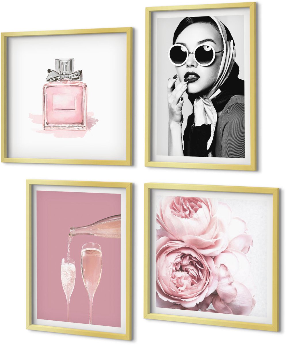 Coloray 4-Delige Schilderij Set - Stijlvolle vrouwelijke accessoires in roze tinten - 40 x 40 cm en 40 x 60 cm - Wanddecoratie - Muurdecoratie - Woonkamer - Woonkamer Decoratie