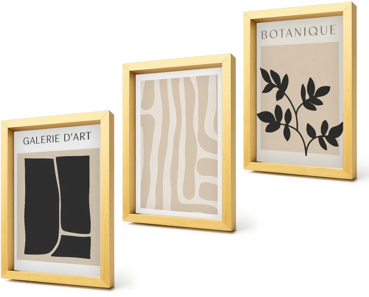 Coloray 4-Delige Schilderij Set - Abstracte vormen en plantmotieven in neutrale tinten. - 20 x 30 cm - Muurdecoratie - Wanddecoratie - Hal - Interieur Decoratie