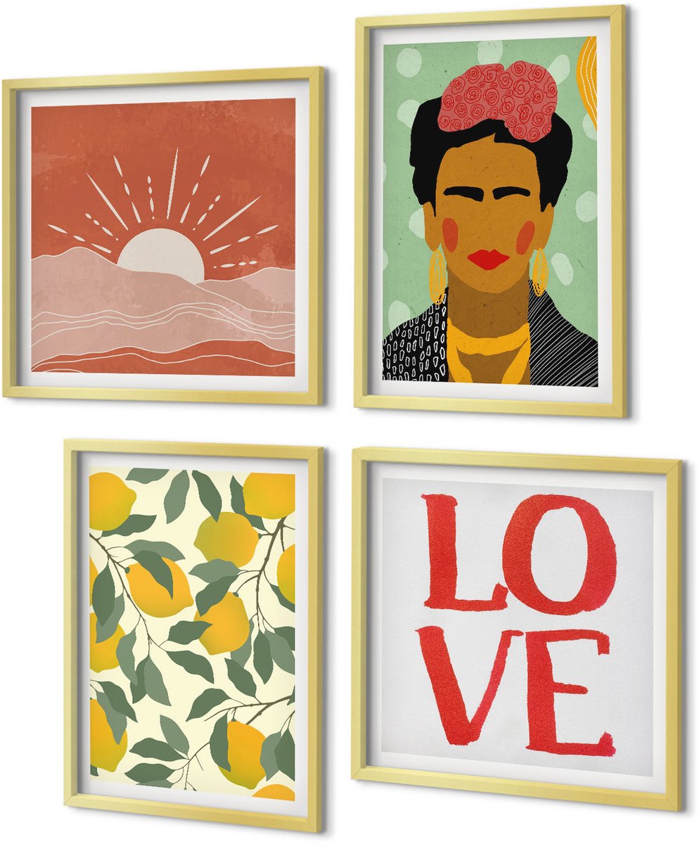 Coloray 4-Delige Schilderij Set - Citroenen Liefde Inscriptie Landschap Portret van Frida Kahlo - 40 x 40 cm en 40 x 60 cm - Muurdecoratie - Wanddecoratie - Slaapkamer - Stijlvolle Muurdecoratie