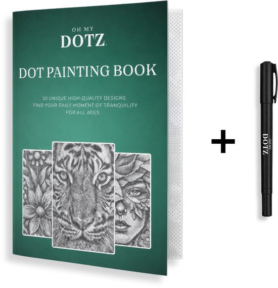 Oh My Dotz Dot Painting Book met drie ontwerpen: bloemen, tijger, gezicht. Zwarte stift ernaast.