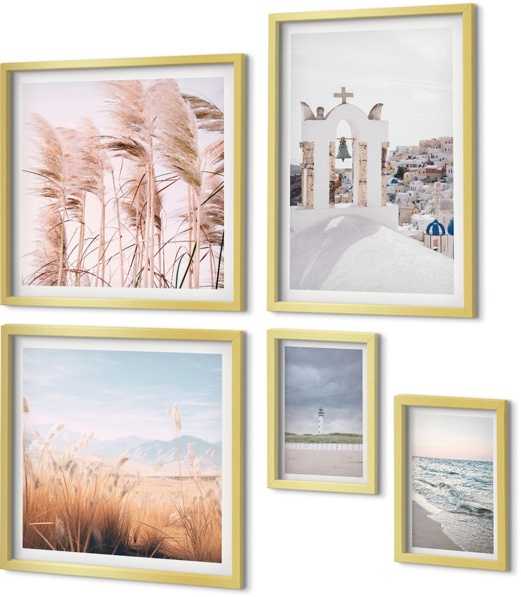 Coloray 5-Delige Schilderij Set - Stijlvolle Kustlandschappen Met Architectuur En Natuur - 50 x 50 cm, 20 x 30 cm En 40 x 60 cm - Moderne Wanddecoratie - Woonkamer - Interieur Decoratie