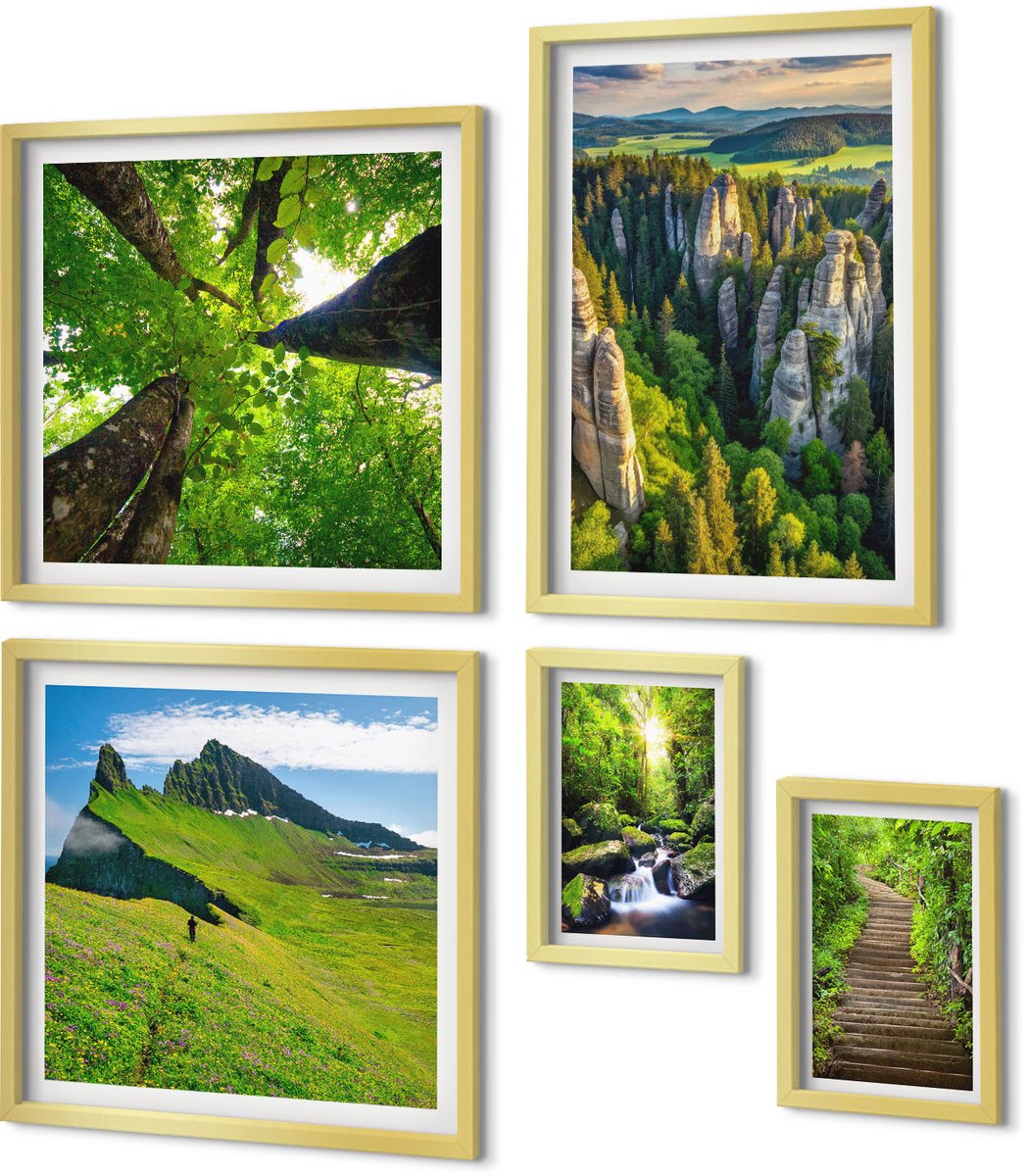 Coloray 5-Delige Schilderij Set - Groene Landschappen Met Natuur En Pittoreske Paden - 50 x 50 cm, 20 x 30 cm En 40 x 60 cm - Wanddecoratie - Moderne Interieurdecoratie - Moderne Wanddecoratie