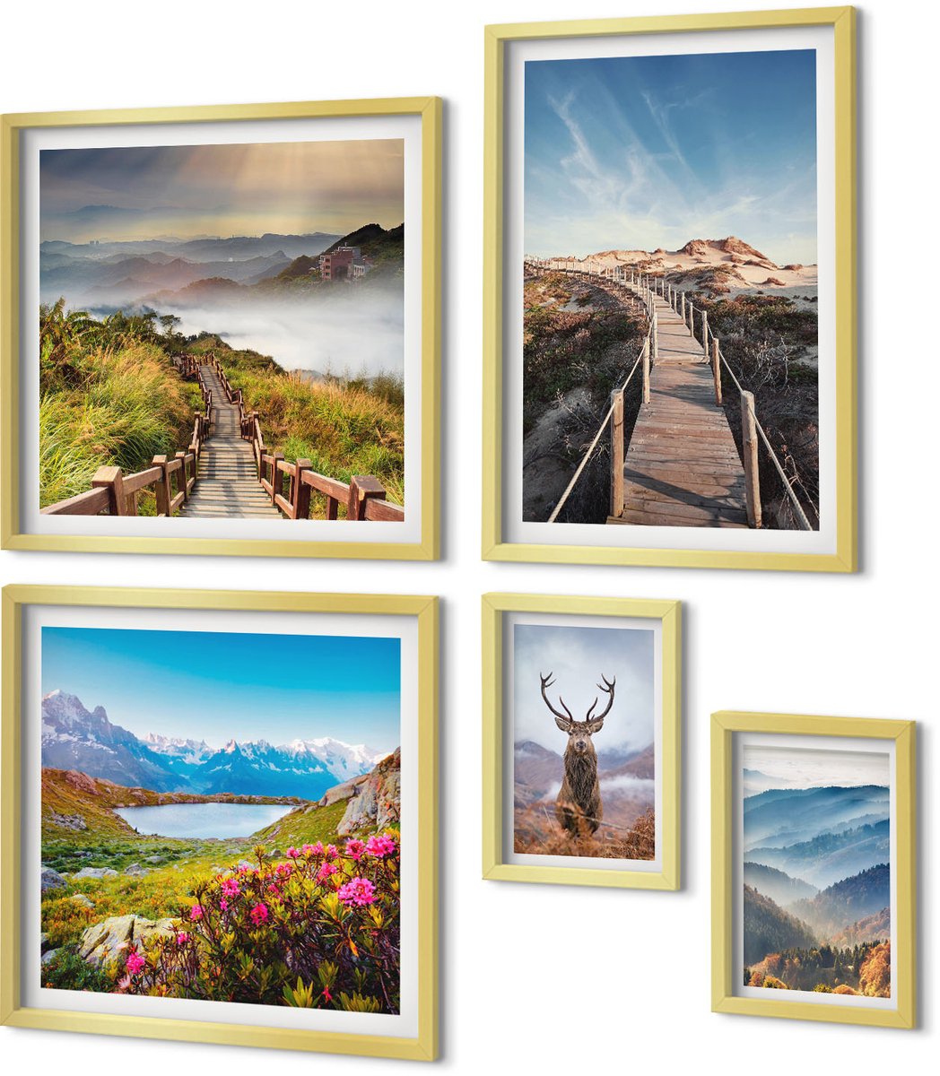 Coloray 5-Delige Schilderij Set - Natuurlijke Berg- En Boslandschappen Met Wilde Dieren - 50 x 50 cm, 20 x 30 cm En 40 x 60 cm - Muurdecoratie - Schilderijen Set - Woonkamer - Interieur Decoratie
