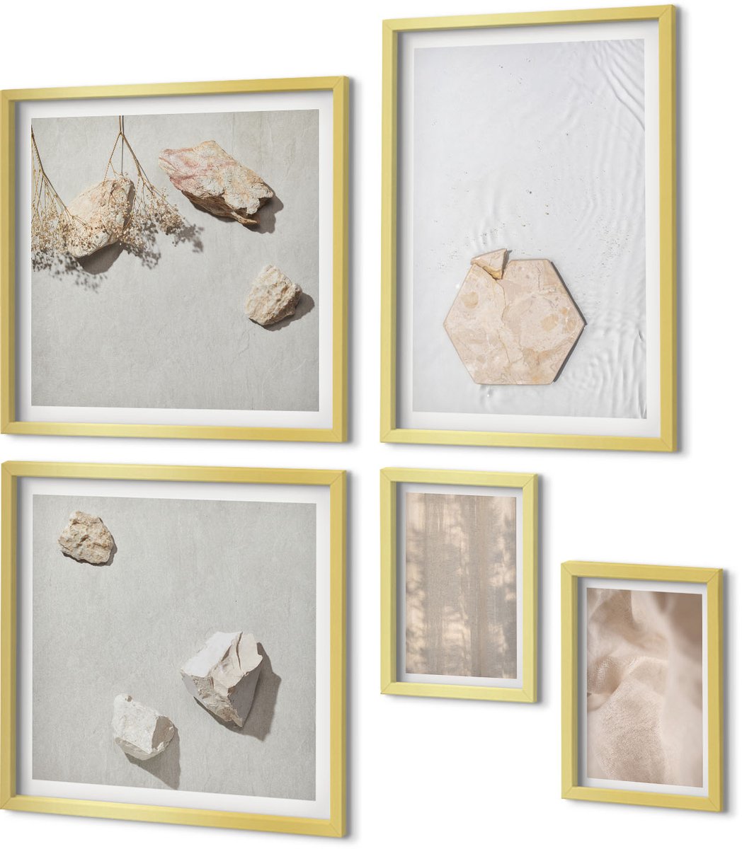 Coloray 5-Delige Schilderij Set - Subtiele Texturen In Een Natuurlijke Boho-Stijl - 50 x 50 cm, 20 x 30 cm En 40 x 60 cm - Decoratieve Schilderijen - Woonkamer - Interieur - Woonkamer Decoratie