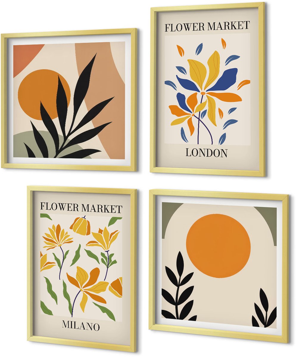 Coloray 4-Delige Schilderij Set - Bloemenposters Parijs Milaan Londen - 40 x 40 cm en 40 x 60 cm - Muurdecoratie - Wanddecoratie - Slaapkamer