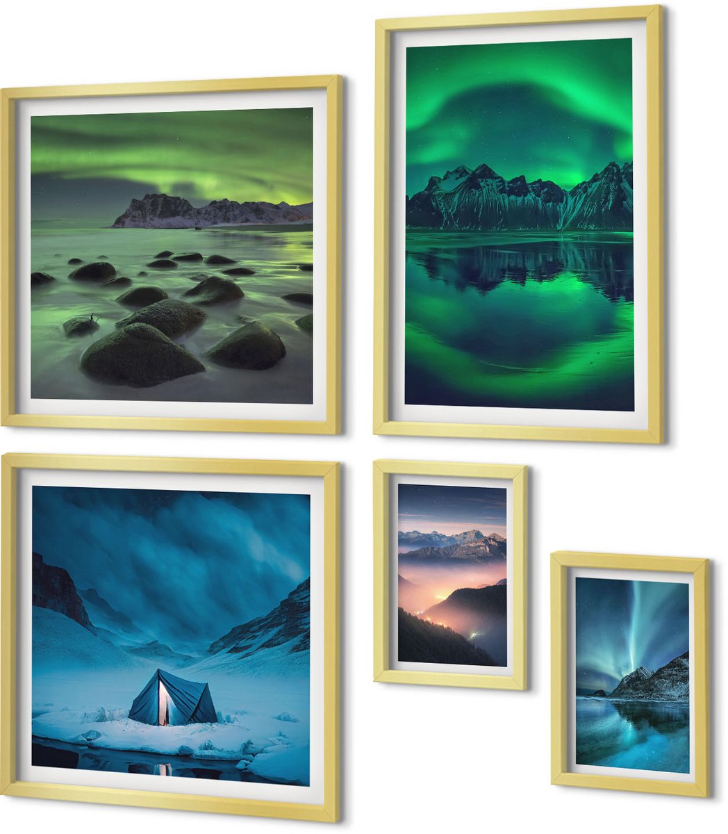 Coloray 5-Delige Schilderij Set - Winterlandschappen Met Noorderlicht En Uitzicht Op De Bergen - 50 x 50 cm, 20 x 30 cm En 40 x 60 cm - Muurdecoratie - Interieur Decoratie