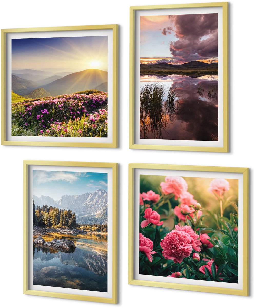Coloray 4-Delige Schilderij Set - Bloemen in de tuin, bergweide, bos en op het wateroppervlak. - 40 x 40 cm en 40 x 60 cm - Wanddecoratie - Moderne Interieurdecoratie - Interieur Decoratie