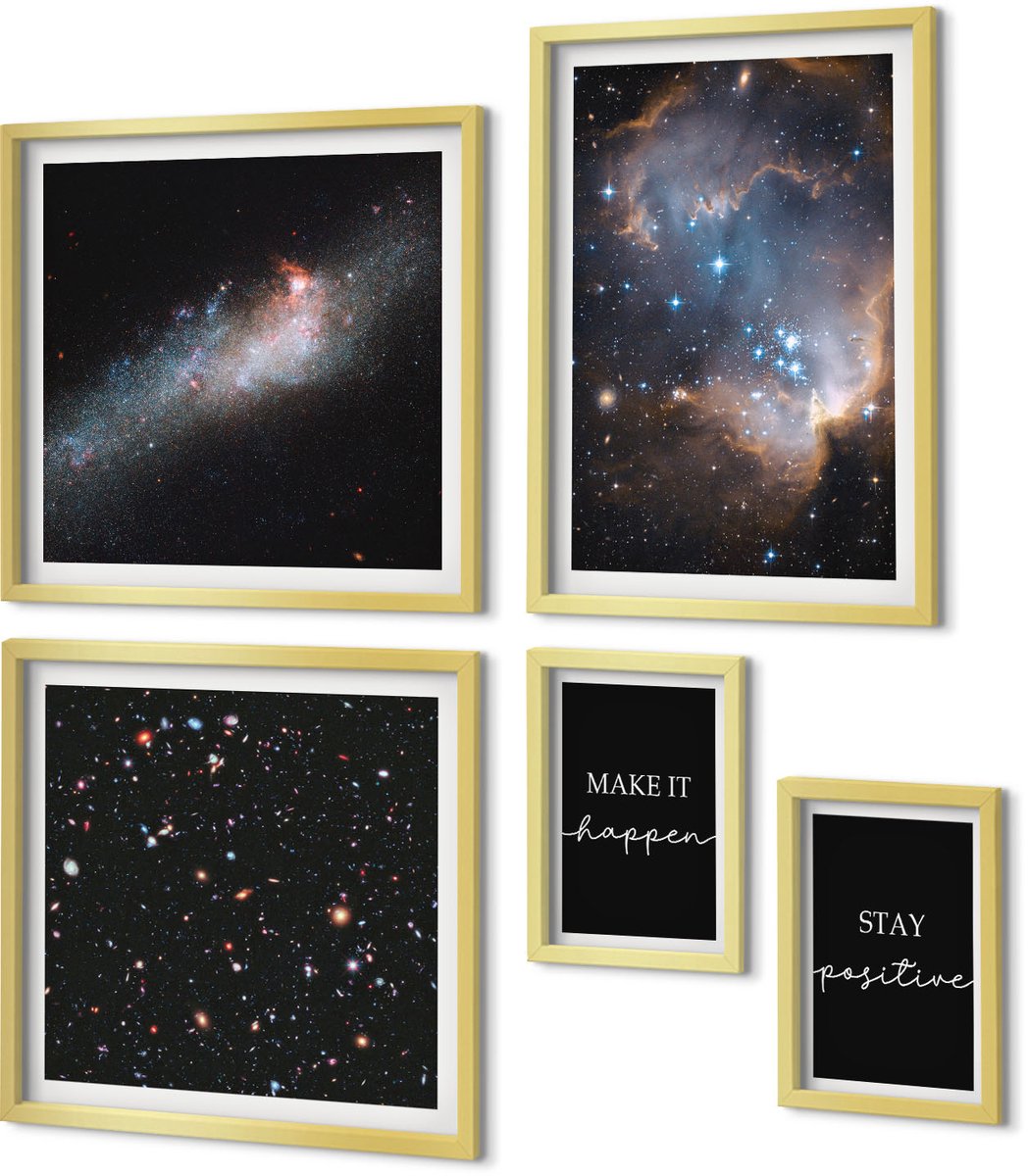 Coloray 5-Delige Schilderij Set - Kosmische Inspiratie, Positieve Boodschappen En Motivatie - 50 x 50 cm, 20 x 30 cm En 40 x 60 cm - Muurdecoratie - Decoratieve Schilderijen - Wohnzimmer - Wanddecoratie