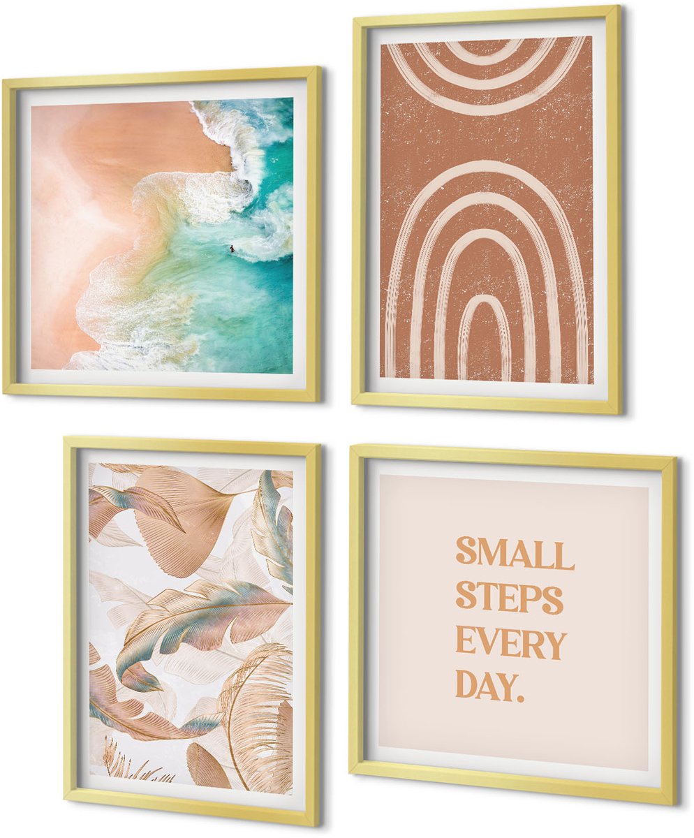 Coloray 4-Delige Schilderij Set - Verfijnde abstracte boho-motieven, bladeren en letters - 40 x 40 cm en 40 x 60 cm - Wanddecoratie - Schilderijen Set - Interieur - Interieur Decoratie