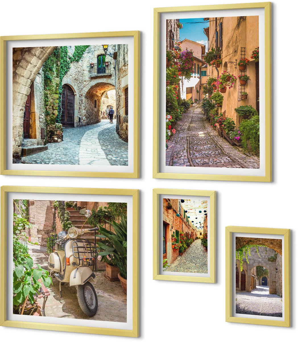 Coloray 5-Delige Schilderij Set - Sfeervolle Straatjes Met Bloemen In Italiaanse En Mediterrane Stijl. - 50 x 50 cm, 20 x 30 cm En 40 x 60 cm - Moderne Wanddecoratie - Woonkamer - Muurdecoratie