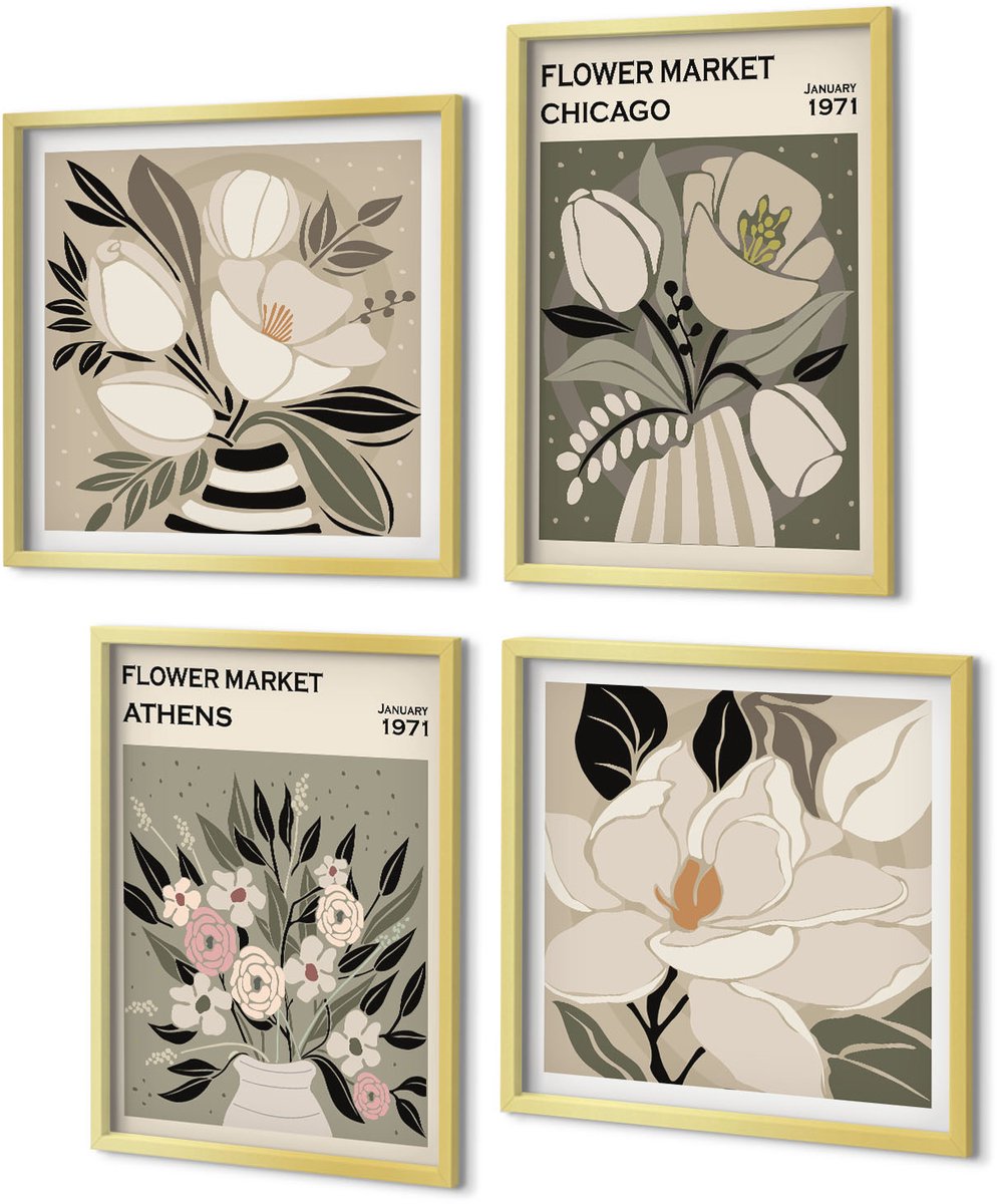 Coloray 4-Delige Schilderij Set - Bloemstukken uit verschillende steden in retrostijl - 40 x 40 cm en 40 x 60 cm - Decoratieve Muurdecoratie - Slaapkamer - Stijlvolle Muurdecoratie