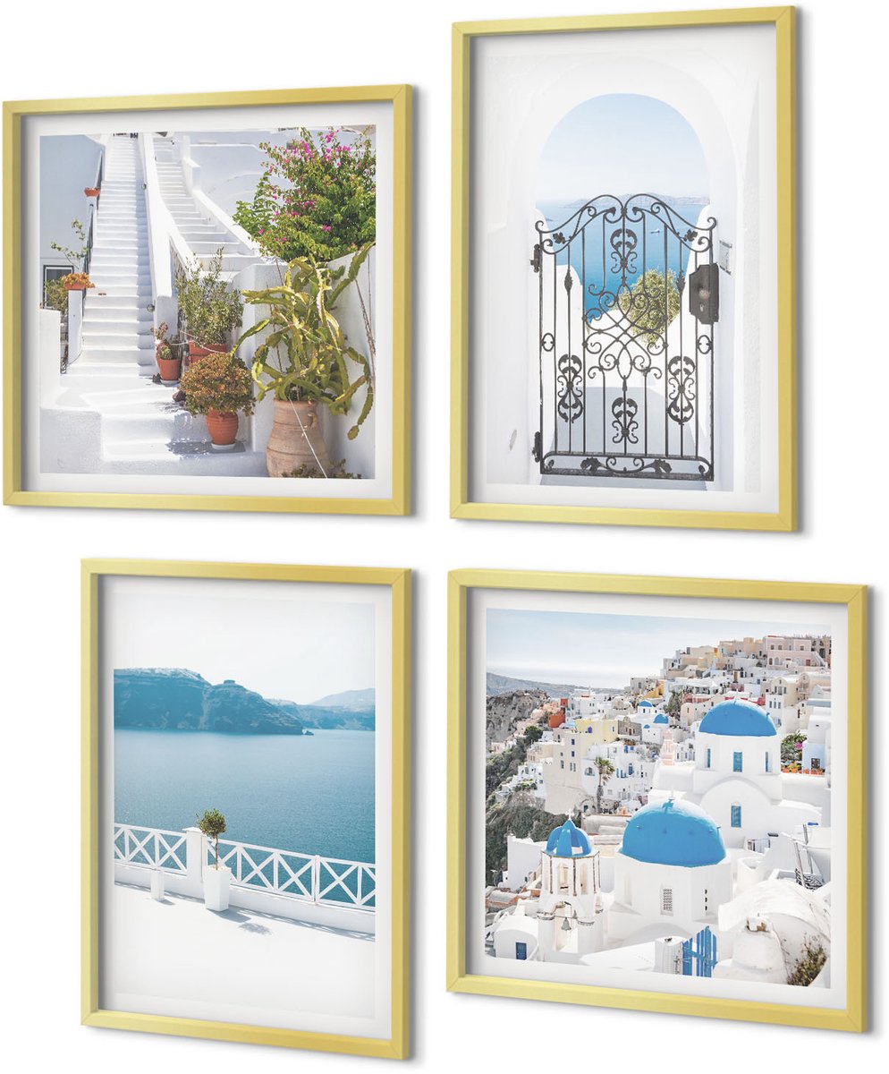 Coloray 4-Delige Schilderij Set - Witte trap met planten, uitzicht op zee en poort - 40 x 40 cm en 40 x 60 cm - Wanddecoratie - Schilderijen Set - Interieur