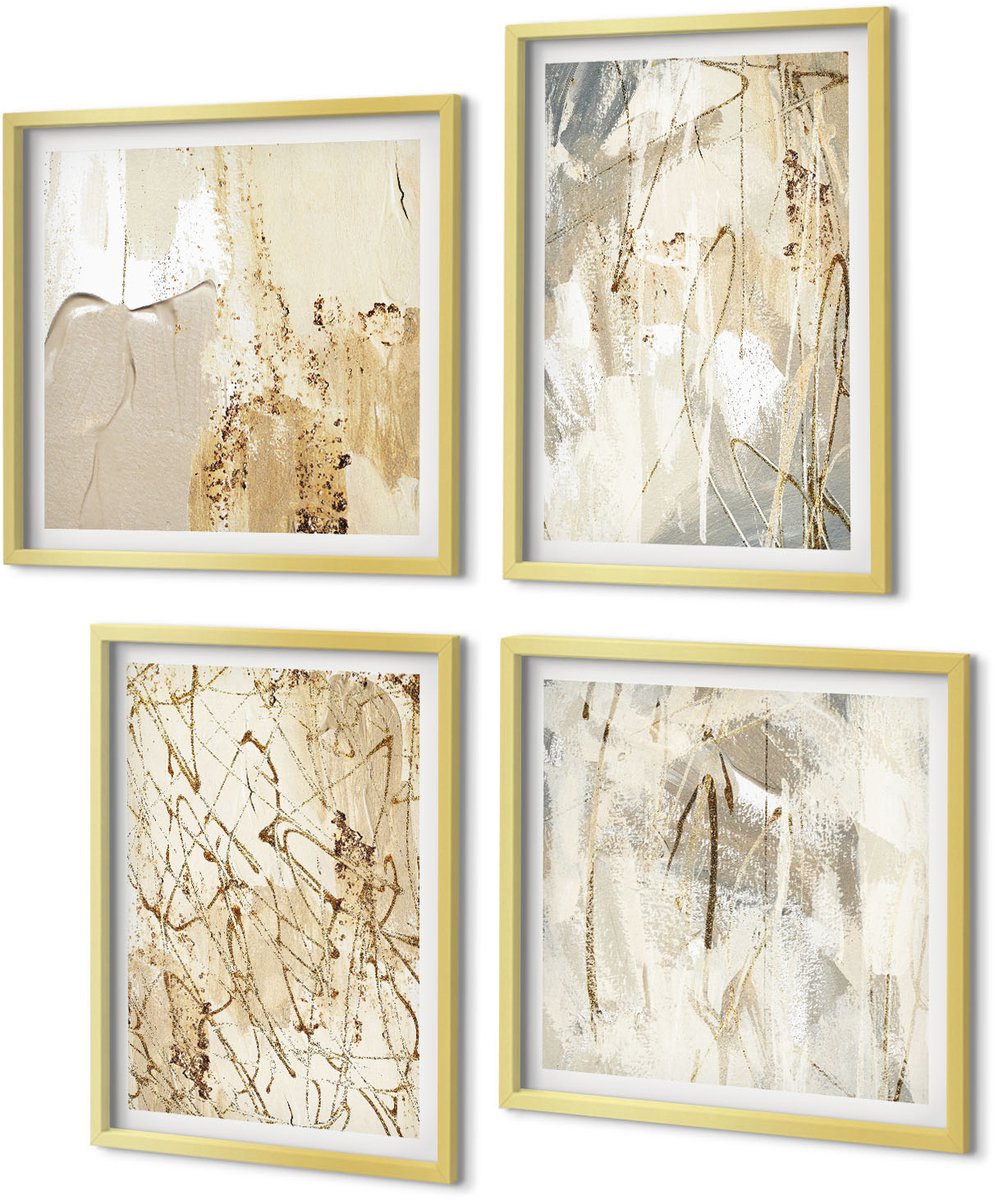 Coloray 4-Delige Schilderij Set - Beige abstracte geschilderde vormen en lijnen - 40 x 40 cm en 40 x 60 cm - Wanddecoratie - Muurdecoratie - Woonkamer - Stijlvolle Muurdecoratie