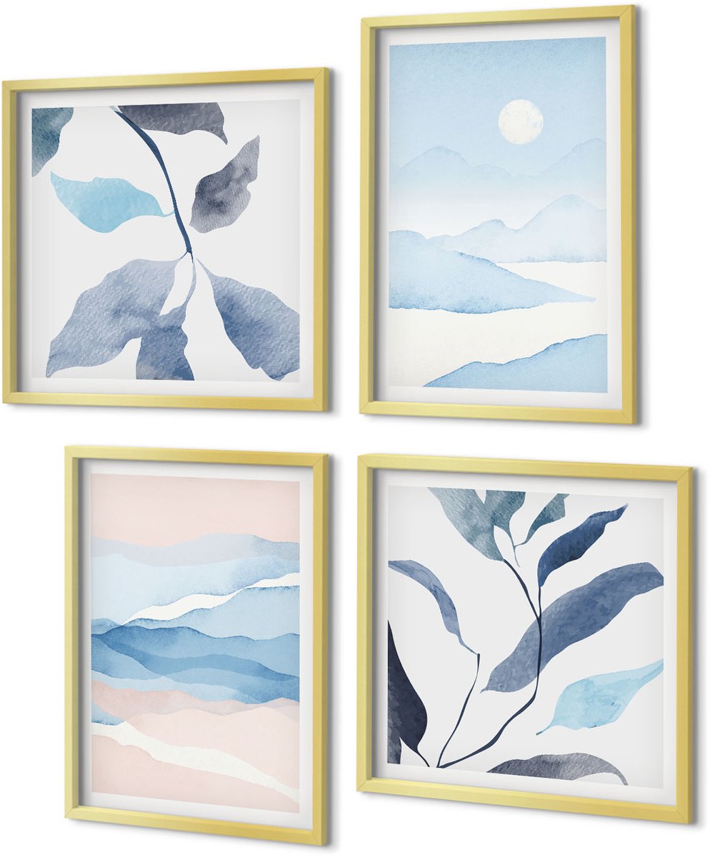 Coloray 4-Delige Schilderij Set - Verfijnde berglandschappen met planten in aquarel. - 40 x 40 cm en 40 x 60 cm - Stijlvolle Muurdecoratie - Slaapkamer - Moderne Wanddecoratie
