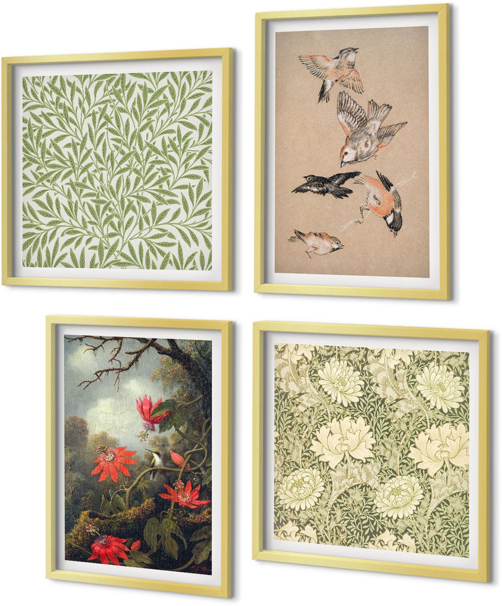 Coloray 4-Delige Schilderij Set - Bloemen en vogels in een natuurlijke omgeving - 40 x 40 cm en 40 x 60 cm - Moderne Wanddecoratie - Woonkamer - Muurdecoratie