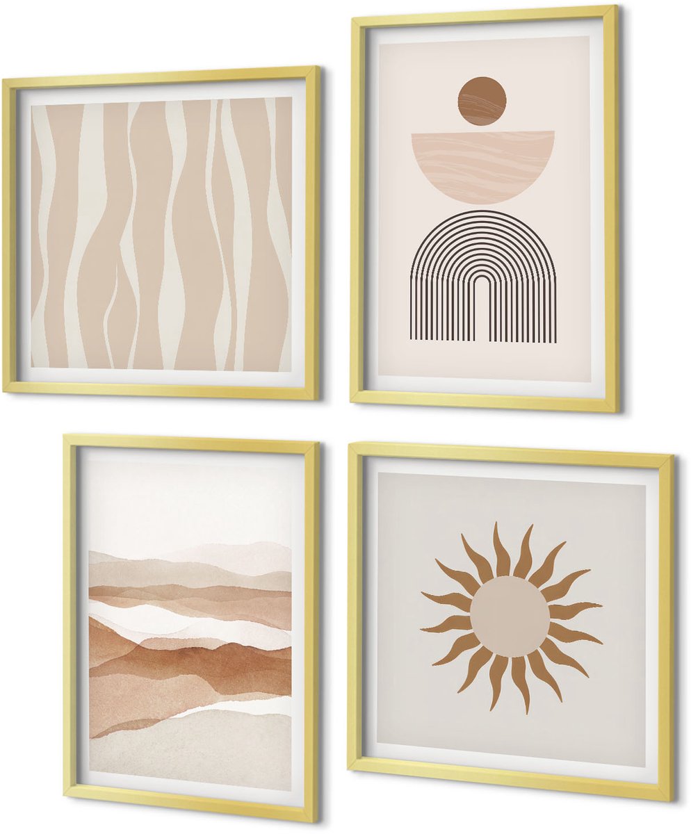 Coloray 4-Delige Schilderij Set - Abstracte landschapsvormen uit de natuur en geometrie - 40 x 40 cm en 40 x 60 cm - Muurdecoratie - Wanddecoratie - Hal - Decoratieve Schilderijen