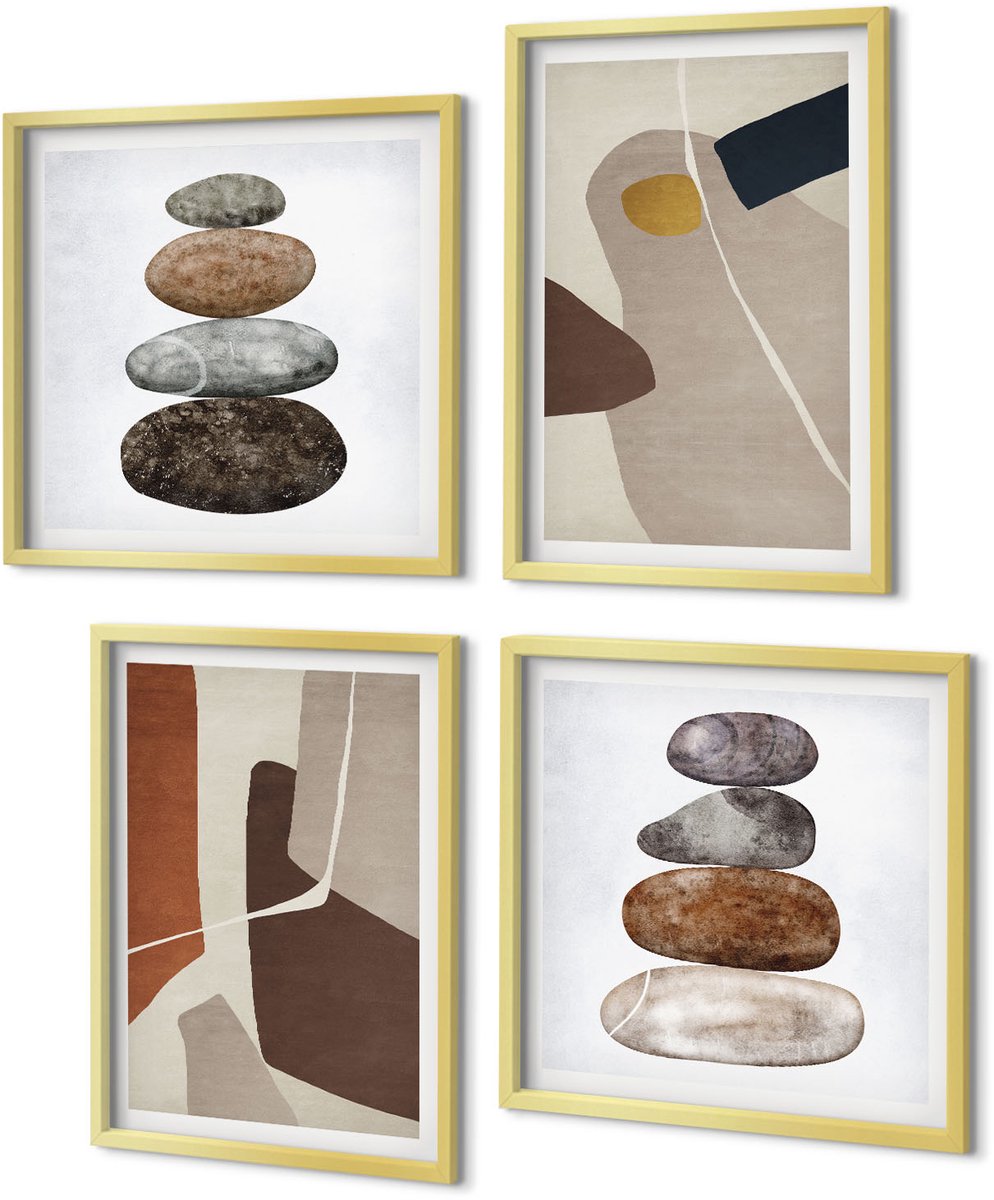 Coloray 4-Delige Schilderij Set - Abstracte boho-schildervormen in moderne stijl - 40 x 40 cm en 40 x 60 cm - Moderne Wanddecoratie - Slaapkamer - Decoratieve Schilderijen