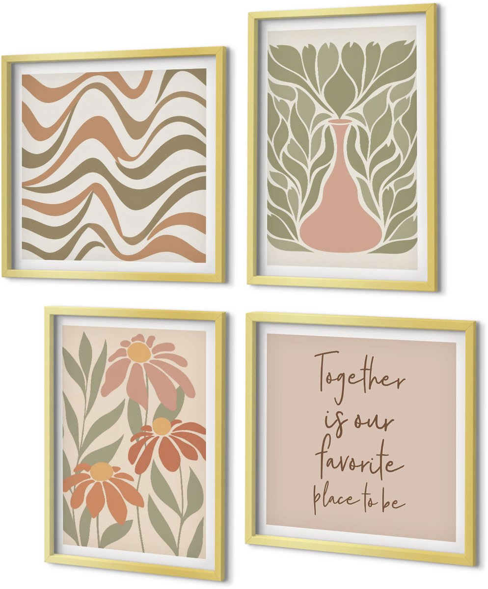 Coloray 4-Delige Schilderij Set - Pastelkleurige bloemenillustraties Abstracte belettering - 40 x 40 cm en 40 x 60 cm - Stijlvolle Muurdecoratie - Kantoor - Decoratieve Schilderijen