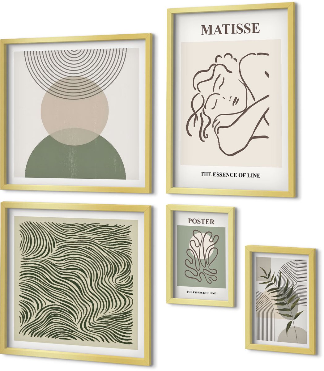 Coloray 5-Delige Schilderij Set - Minimalistische Composities Met Plantmotieven En Lijnen - 50 x 50 cm, 20 x 30 cm En 40 x 60 cm - Stijlvolle Muurdecoratie - Kantoor - Interieur Decoratie
