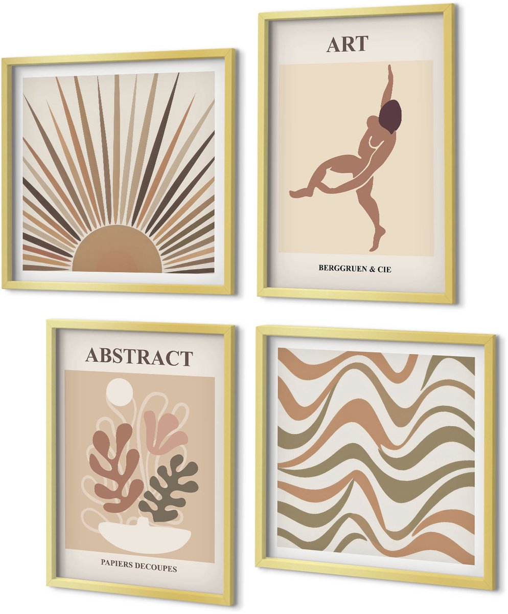 Coloray 4-Delige Schilderij Set - Matisse Boho Abstracte Vormen en Patronen - 40 x 40 cm en 40 x 60 cm - Decoratieve Muurdecoratie - Slaapkamer - Stijlvolle Muurdecoratie