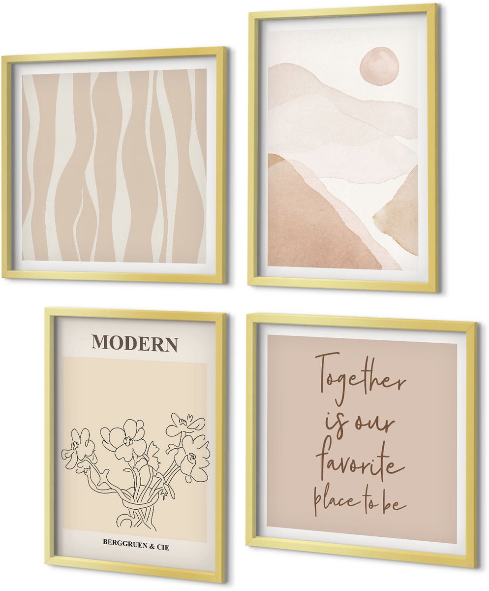 Coloray 4-Delige Schilderij Set - Abstracte vormen in ingetogen kleuren - 40 x 40 cm en 40 x 60 cm - Wanddecoratie - Schilderijen Set - Kantoor - Stijlvolle Muurdecoratie