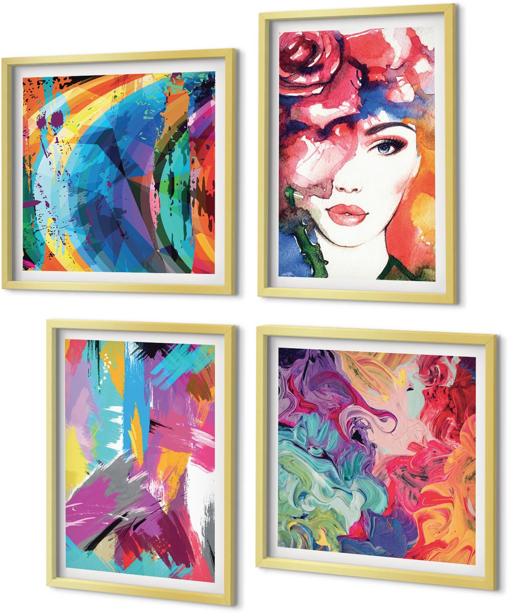 Coloray 4-Delige Schilderij Set - Kleurrijk abstract schilderijportret van een vrouw - 40 x 40 cm en 40 x 60 cm - Stijlvolle Muurdecoratie - Kantoor - Moderne Wanddecoratie