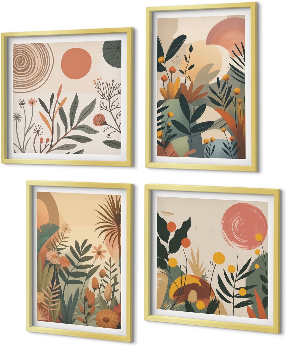 Coloray 4-Delige Schilderij Set - Plantmotieven in gedempte kleuren met cirkels. - 40 x 40 cm en 40 x 60 cm - Wanddecoratie - Muurdecoratie - Woonkamer