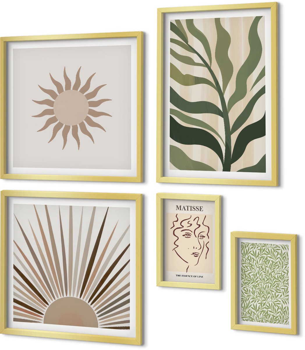 Coloray 5-Delige Schilderij Set - Stijlvolle Afbeeldingen Met Plantmotieven En Abstracte Patronen. - 50 x 50 cm, 20 x 30 cm En 40 x 60 cm - Decoratieve Muurdecoratie - Slaapkamer - Interieur Decoratie