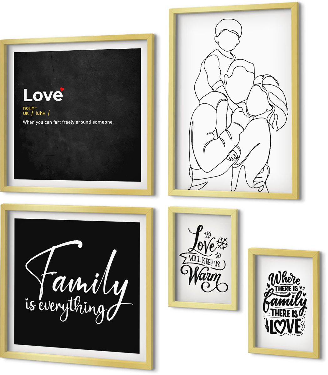 Coloray 5-Delige Schilderij Set - Familiewaarden Van Liefde En Verbondenheid In Een Minimalistische Stijl - 50 x 50 cm, 20 x 30 cm En 40 x 60 cm - Muurdecoratie - Decoratieve Schilderijen - Wohnzimmer - Moderne Wanddecoratie