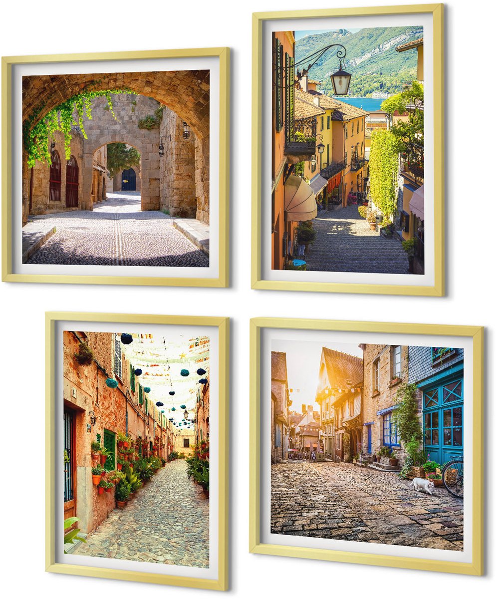 Coloray 4-Delige Schilderij Set - Sfeervolle straatjes met stenen gebouwen en poorten. - 40 x 40 cm en 40 x 60 cm - Decoratieve Muurdecoratie - Slaapkamer - Stijlvolle Muurdecoratie