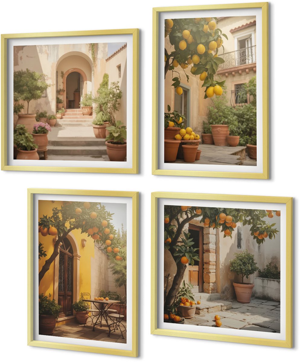 Coloray 4-Delige Schilderij Set - Zonnig terras met citrusbomen en potten. - 40 x 40 cm en 40 x 60 cm - Wanddecoratie - Muurdecoratie - Moderne Interieurdecoratie - Woonkamer Decoratie