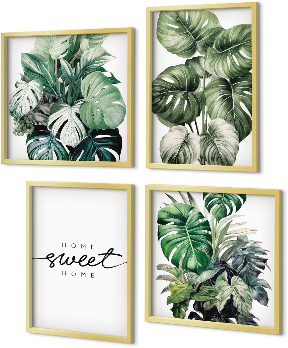 Coloray 4-Delige Schilderij Set - Planten in het groen met de woorden Sweet Home - 40 x 40 cm en 40 x 60 cm - Schilderijen Set - Wanddecoratie - Woonkamer - Woonkamer Decoratie
