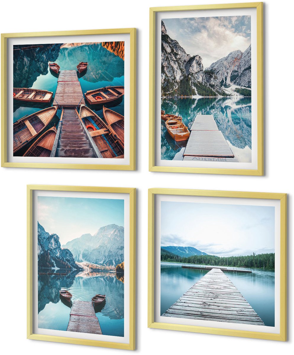Coloray 4-Delige Schilderij Set - Een rustig meer met houten steigers en boten. - 40 x 40 cm en 40 x 60 cm - Decoratieve Muurdecoratie - Slaapkamer - Decoratieve Schilderijen