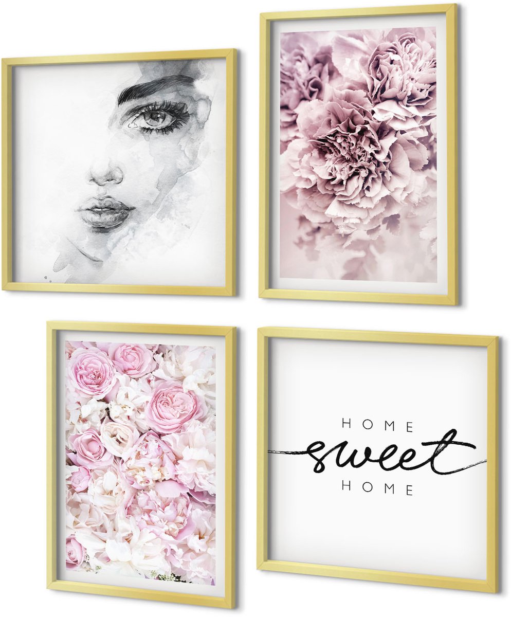 Coloray 4-Delige Schilderij Set - Delicate pioenrozen Portret van een vrouw Thuis is waar het hart is - 40 x 40 cm en 40 x 60 cm - Moderne Wanddecoratie - Woonkamer - Muurdecoratie