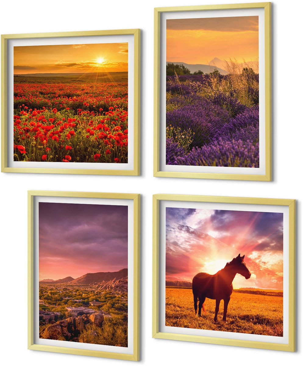 Coloray 4-Delige Schilderij Set - Berglandschappen met paarden en lavendelvelden - 40 x 40 cm en 40 x 60 cm - Wanddecoratie - Muurdecoratie - Moderne Interieurdecoratie - Decoratieve Schilderijen