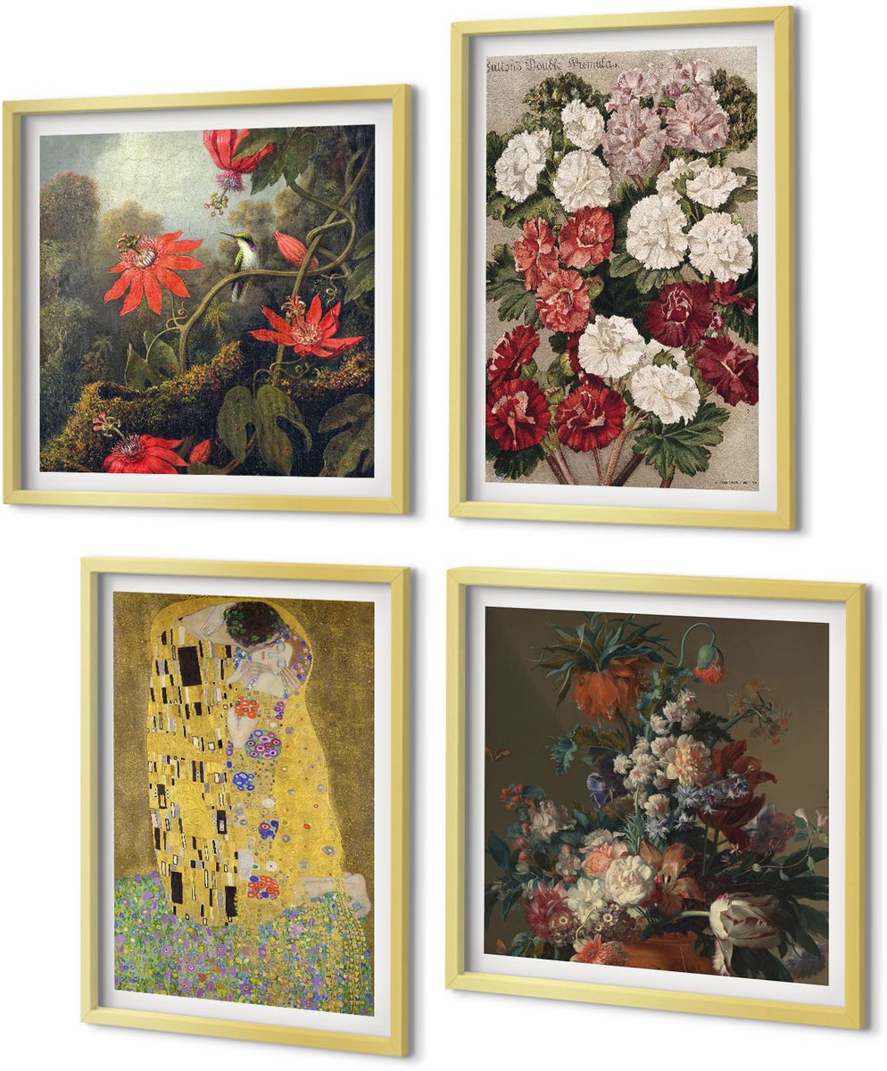 Coloray 4-Delige Schilderij Set - Bloemen en bomen in de schilderstijl van De Kus van Gustav Klimt. - 40 x 40 cm en 40 x 60 cm - Stijlvolle Muurdecoratie - Slaapkamer - Woonkamer Decoratie