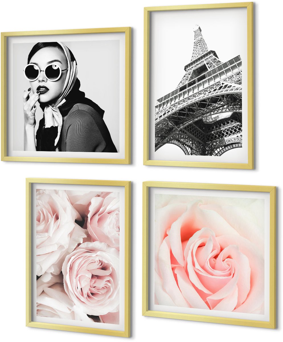 Coloray 4-Delige Schilderij Set - Rozen, modeportret van een vrouw, Eiffeltoren in Parijs - 40 x 40 cm en 40 x 60 cm - Muurdecoratie - Schilderijen Set - Woonkamer - Moderne Wanddecoratie
