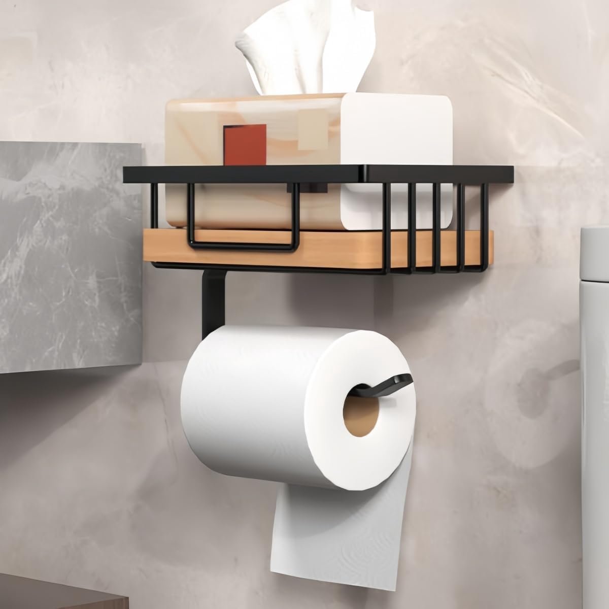 Zwarte Toiletrolhouder met Houten Plankje - Wandmontage zonder Boren - Toiletpapierhouder voor Badkamer en Toilet
