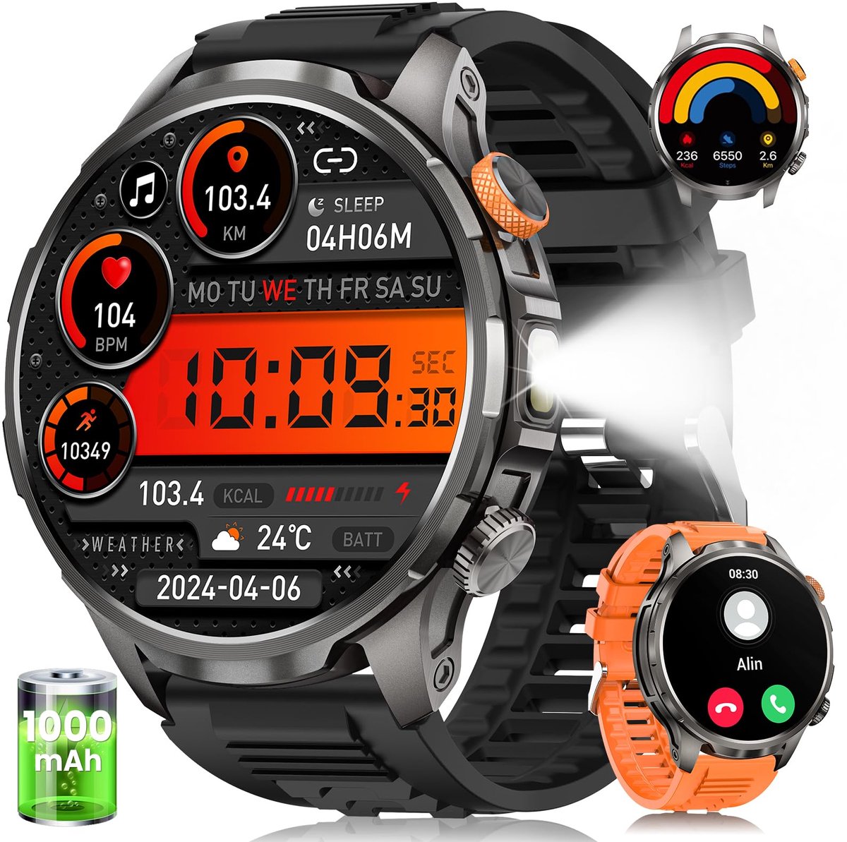 FOSMET Smartwatch Heren - Stappenteller - 1500mAh Heren Militaire Smartwatch - 1.91" AMOLED Groot Display - IP68 Waterdicht - Fitness Tracker met Hartslagmeter - SpO2 - Slaapmonitor - 150+ Sportmodi - Belfunctie - Geschikt voor Android en iOS
