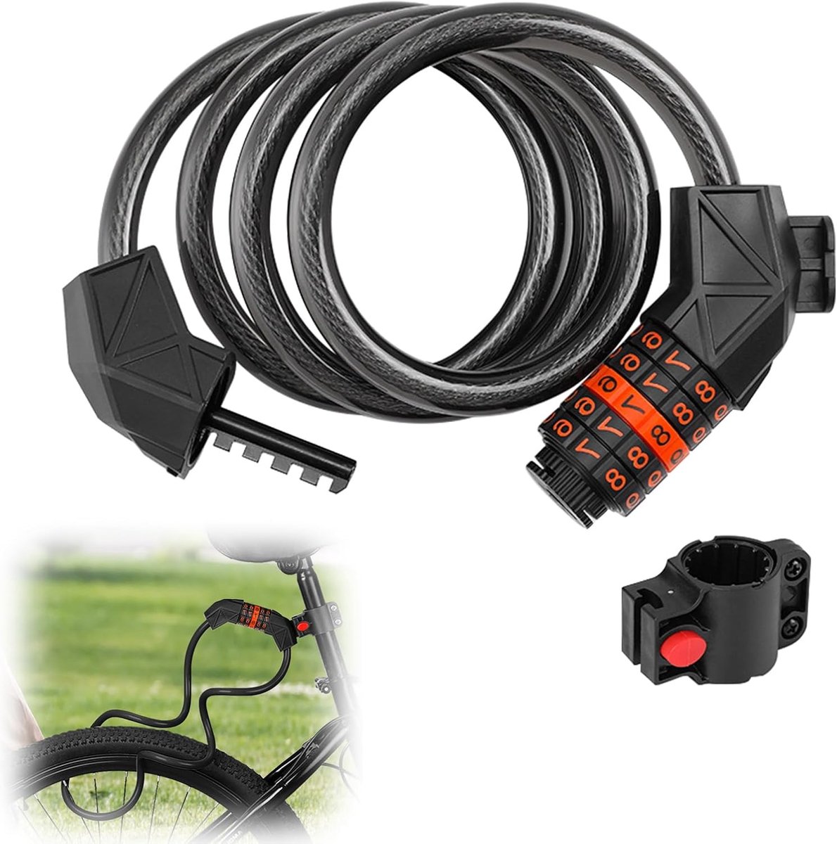 Verbeterd combinatieslot voor fietsen - 5-cijferige combinatie, lange spiraalvormige veiligheidskabel met resetfunctie, geschikt als antidiefstalaccessoire voor mountainbikes, racefietsen, e-bikes en scooters.