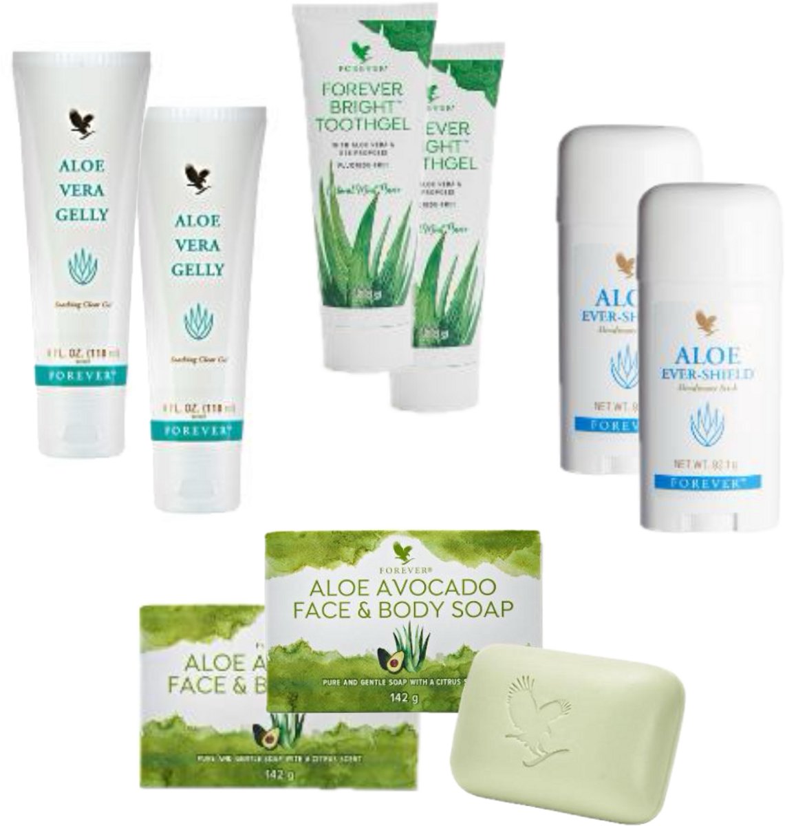 Forever Aloe Ever-Shield Deodorant Stick (2x) Personal care Pack. + 2x Aloe Vera Gelly, 2x Aloe Avocado Face & Body Soap, 2x Forever Bright Toothgel.