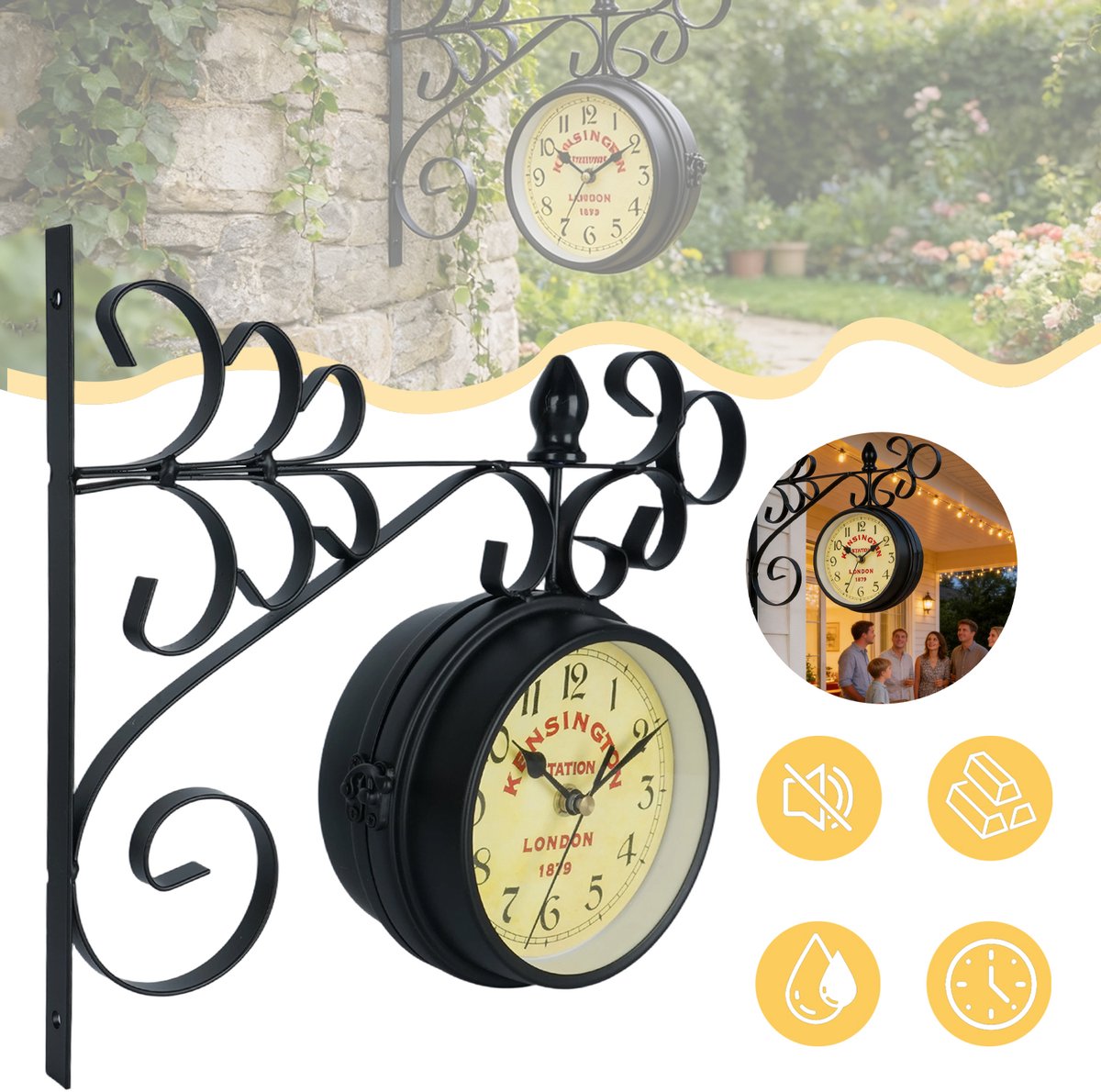 Dubbelzijdige Vintage Wandklok Met Smeedijzeren Standaard - Stil Kwartsuurwerk Verweerde Wijzerplaat 360° Afleesbaar - Britse Retrostijl Voor Terras, Tuin En Bar - Zwart