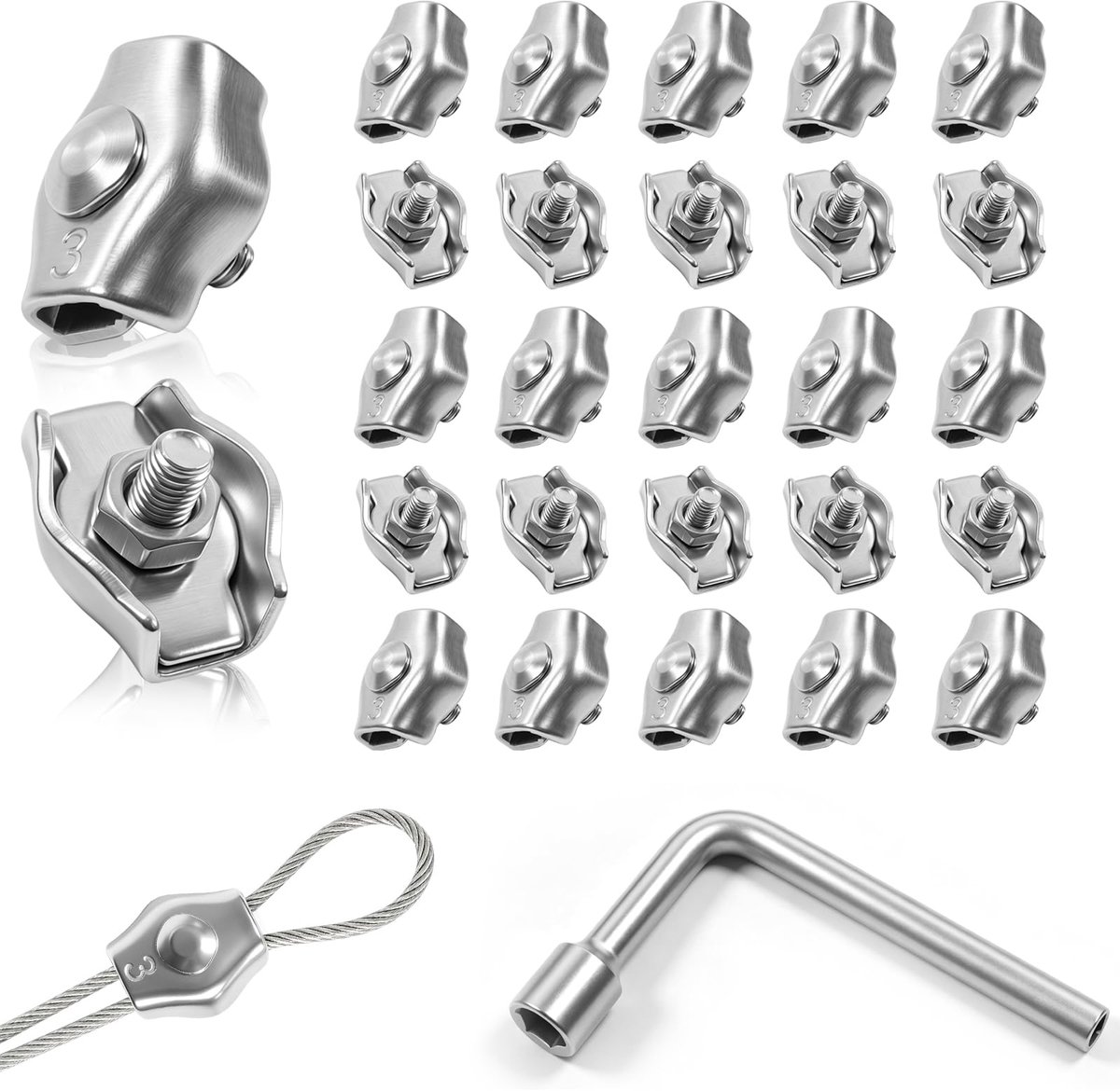 25 stuks draadkabelklemmen, M3 touwklem, 3 mm, roestvrij staal 304, waslijnspanner, kabelklemmen met 7 mm moersleutel - ShopVlot